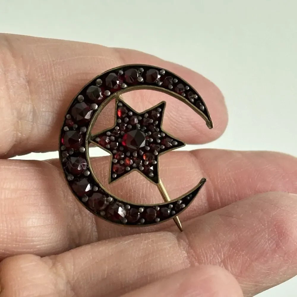 Antique Bohemian Garnet Brooch With Crescent Moon And Star Sun Motif Celestial